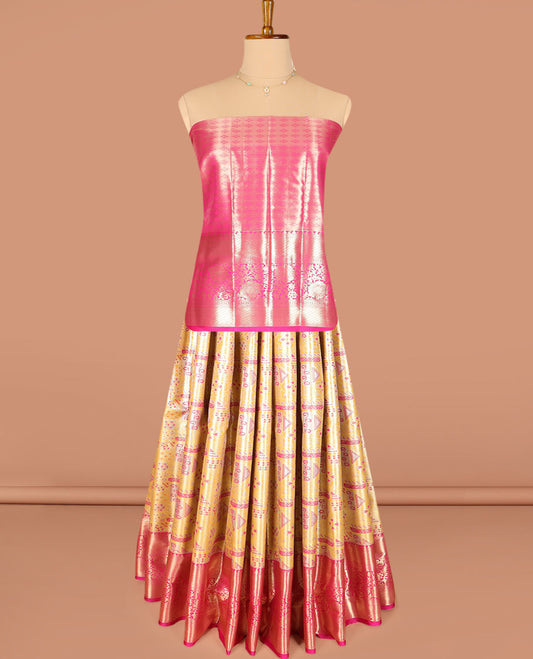 Yellow jacquard art silk half-saree, contrast traditional zari bordered skirt, contrast jacquard blouse, and a contrast paisleys motifs woven dhavani