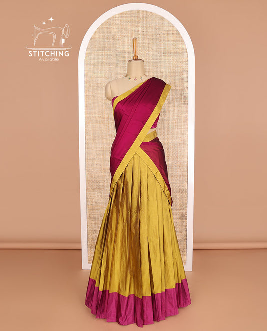Mustard checked poly-cotton half saree with contrast border, plain blouse & plain, checked border dhavani