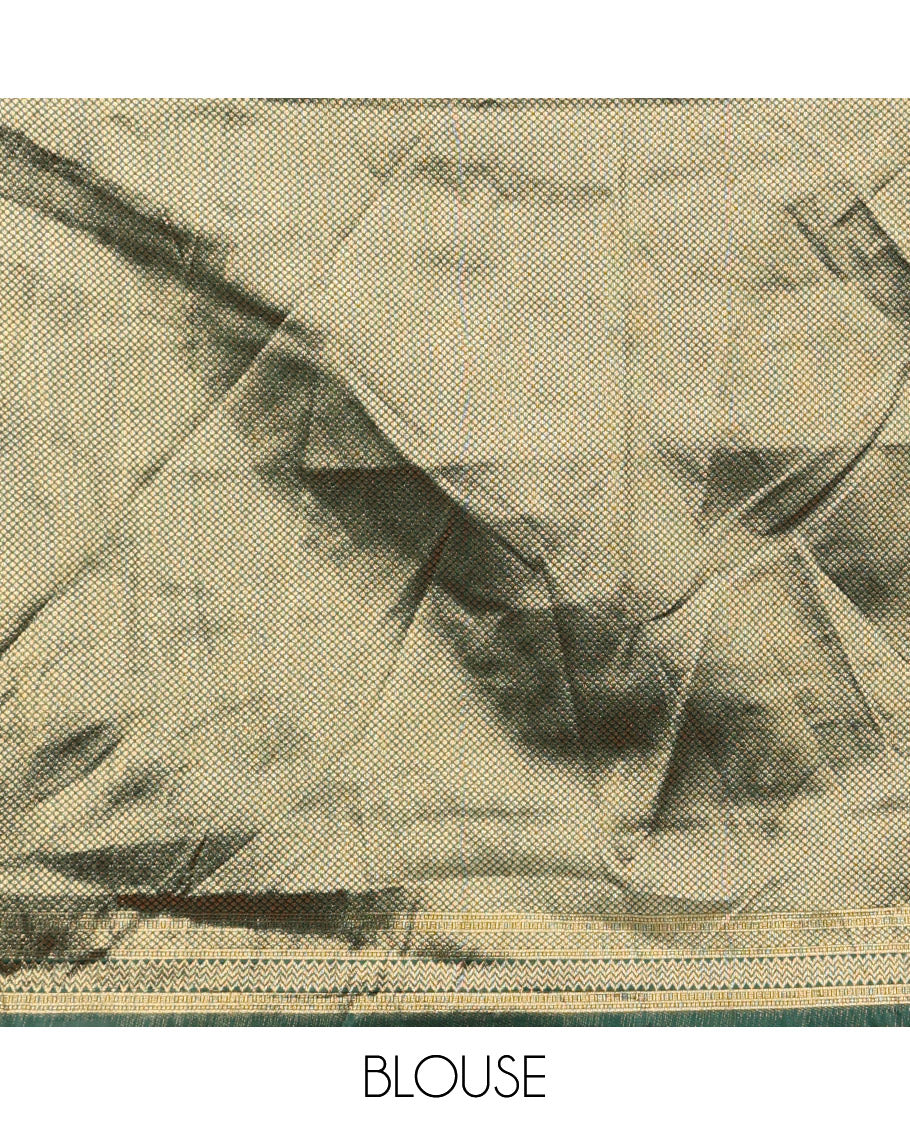 Gold-dark green zari buttas half-saree with contrast intricate Mughal motifs woven bordered skirt, brocade blouse, and a zari design dhavani