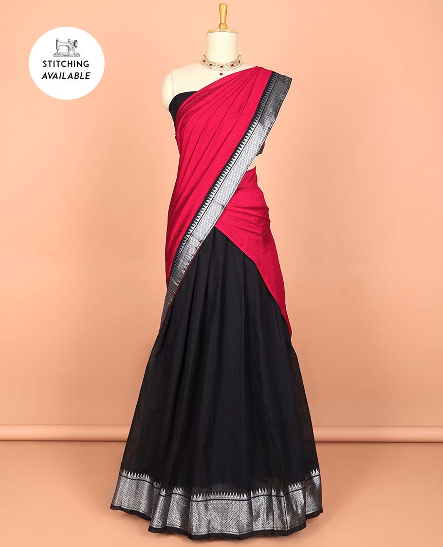 Green cotton half saree with contrast zari border, plain blouse & plain with zari border dhavani