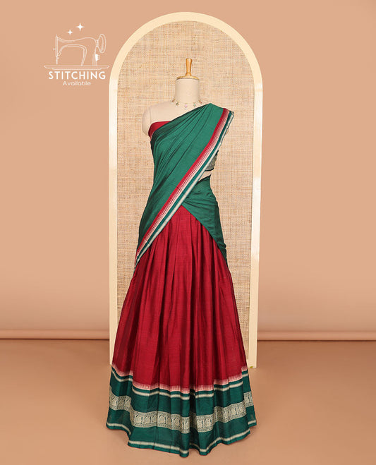 Red cotton half saree with contrast zari design border, zari design blouse & plain, intricate zari design border dhavani