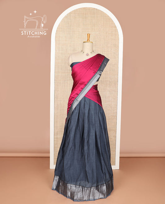 Grey cotton half saree with contrast zari design border, zari design blouse & plain, zari design border dhavani