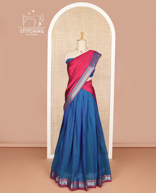 Ink blue cotton half saree with contrast zari design border, zari design blouse & plain, zari design border dhavani