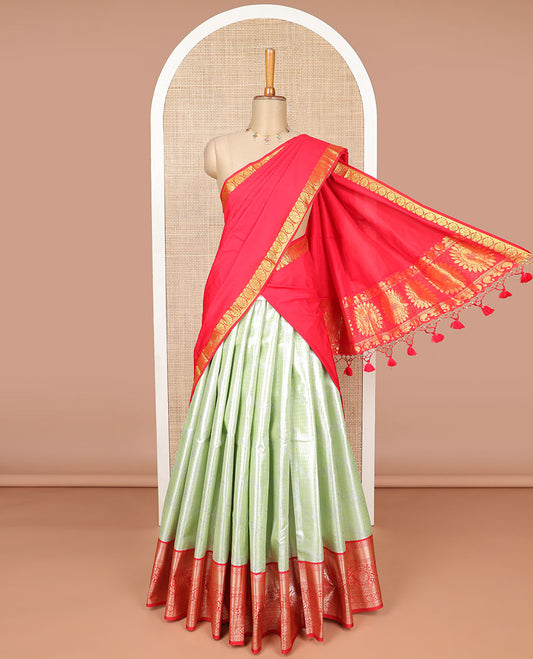 Green jaal design art silk half saree with zari design border, zari design blouse plain, floral design dhavani