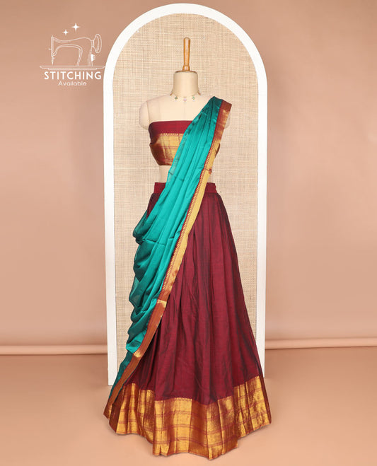 Maroon cotton half saree with contrast intricate zari design border, zari design blouse & zari design border dhavani