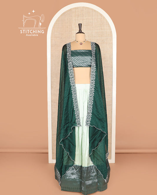 Pale green art silk half-saree, sparsely woven design with contrast traditional zari border skirt, contrast jacquard blouse, and scallop embroidered dhavani