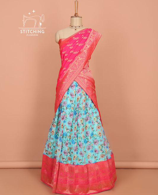 Blue floral printed art silk half saree, contrast traditional design border, jacquard blouse & intricate dhavani