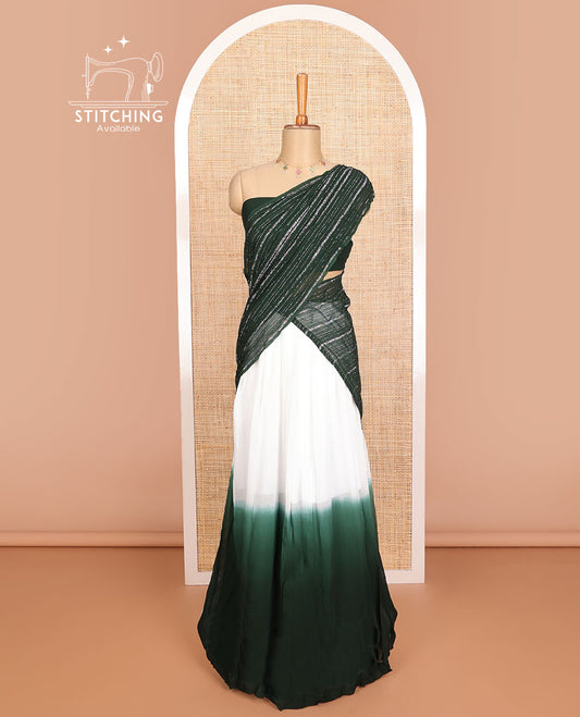 White & green  georgette half saree with plain blouse & striped dhavani