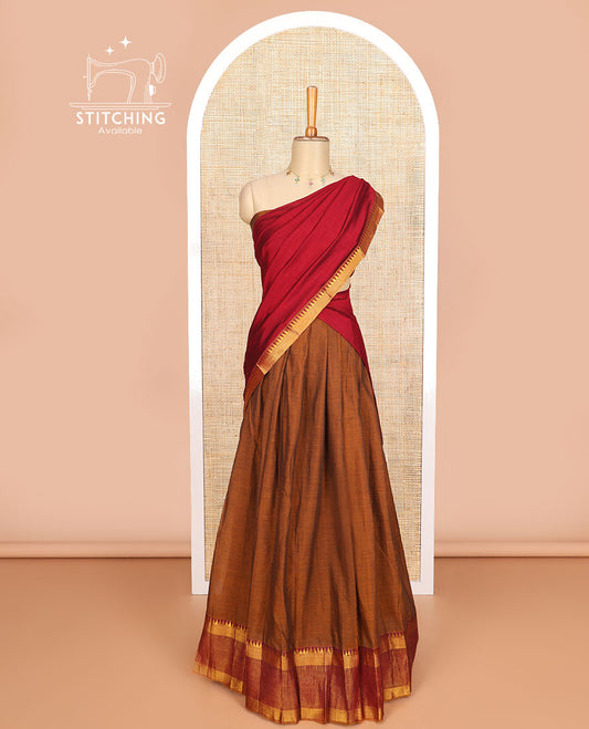 Brown cotton half saree with contrast zari design border, zari design blouse & plain , zari design border dhavani