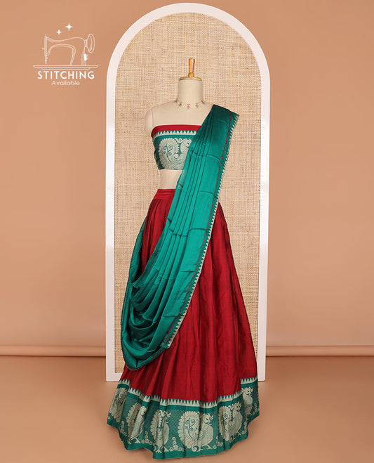 Red cotton half saree with contrast peacock motifs border, peacock design blouse & temple border dhavani
