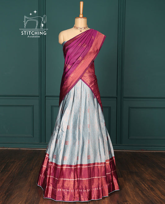Blue jacquard art-silk half-saree,contrast zari design blouse, traditional design border & intricate dhavani