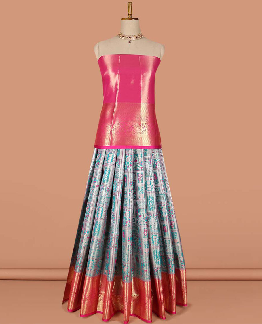 Blue geometric,floral design art-silk half saree, contrast traditional zari border,zari design blouse & intricate dhavani
