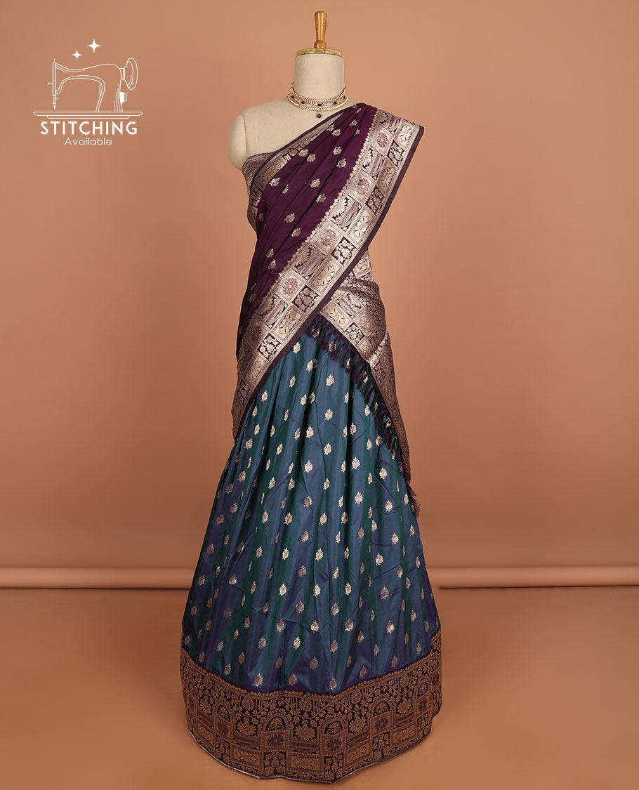 Blue buttas half sare with contrast zari border, zari design blouse & floral design dhavani