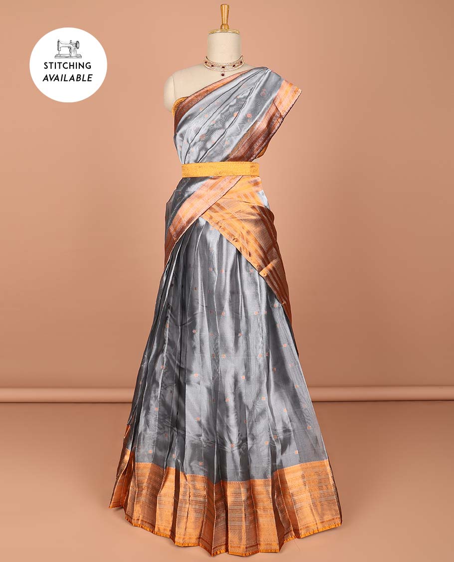 Grey buttas half saree with contrast sriped border, zari design border & intricate zari dhavani