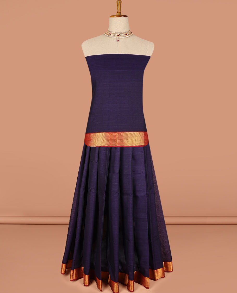 Blue cotton half saree contrast zari border with plain blouse & plain dhavani with zari designborder