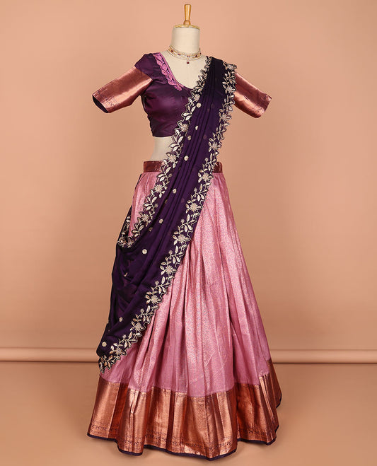 Red floral jacquard semi-stitched half saree with contrast zari border,  embroidered blouse & scallop border dhavani