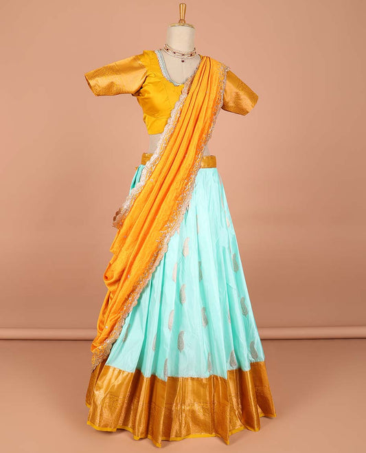 Blue paisley buttas semi-stitched half saree with contrast zari border,  embroidered blouse & scallop border dhavani