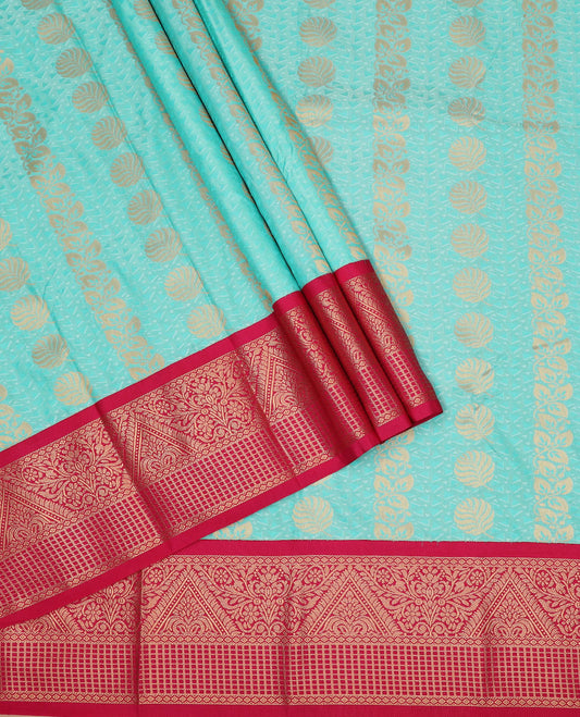 Powder blue art silk material pavadai set, zari buttas pavadai, contrast blouse & traditional zari border
