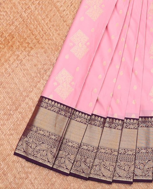 Pink Budget Silk Saree, Embellished with Zari Buttas on Its Body, Complemented by a Contrast Traditional Zari Design Border, Pallu of Jaal Designs, and Paired with a Contrast Blouse