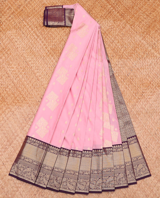 Pink Budget Silk Saree, Embellished with Zari Buttas on Its Body, Complemented by a Contrast Traditional Zari Design Border, Pallu of Jaal Designs, and Paired with a Contrast Blouse