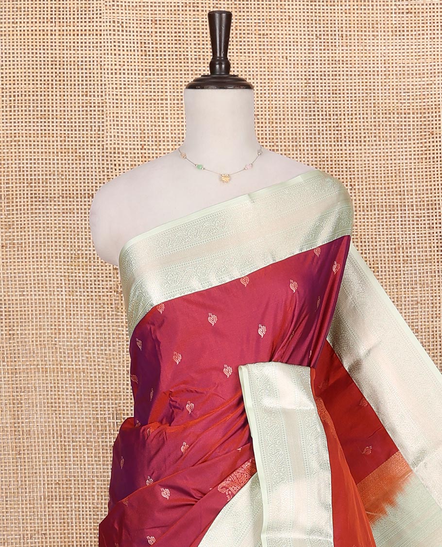 Orange Budget Silk Saree, Spotlighted with Zari Buttas on Its Body, Complemented by a Contrast Traditional Zari Design Border, Jaal Pallu, and Paired with a Contrast Blouse