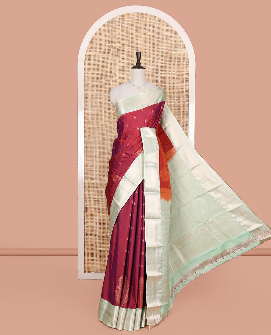 Orange Budget Silk Saree, Spotlighted with Zari Buttas on Its Body, Complemented by a Contrast Traditional Zari Design Border, Jaal Pallu, and Paired with a Contrast Blouse