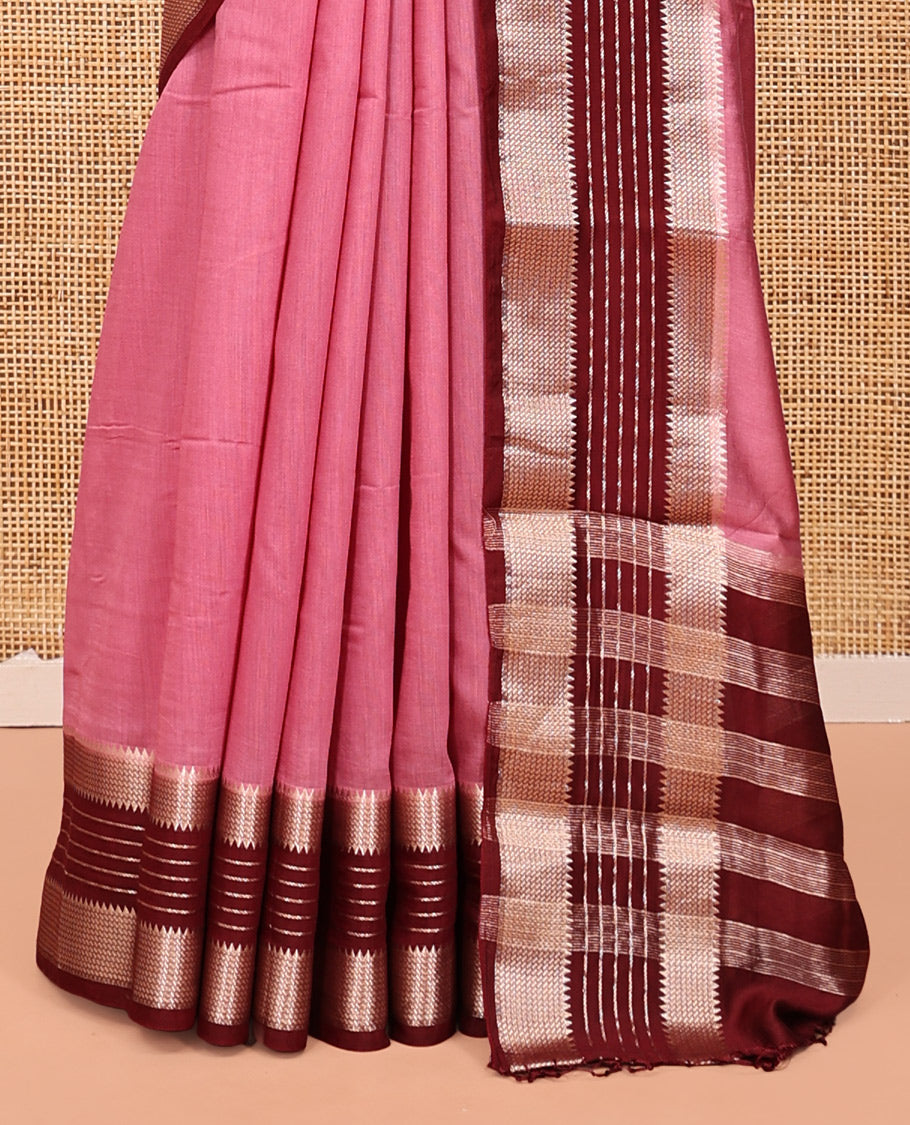 Pink Plain Assam Silk Saree, Complemented by Contrast Traditional Zari Border, Striped Pallu, and Contrast Blouse