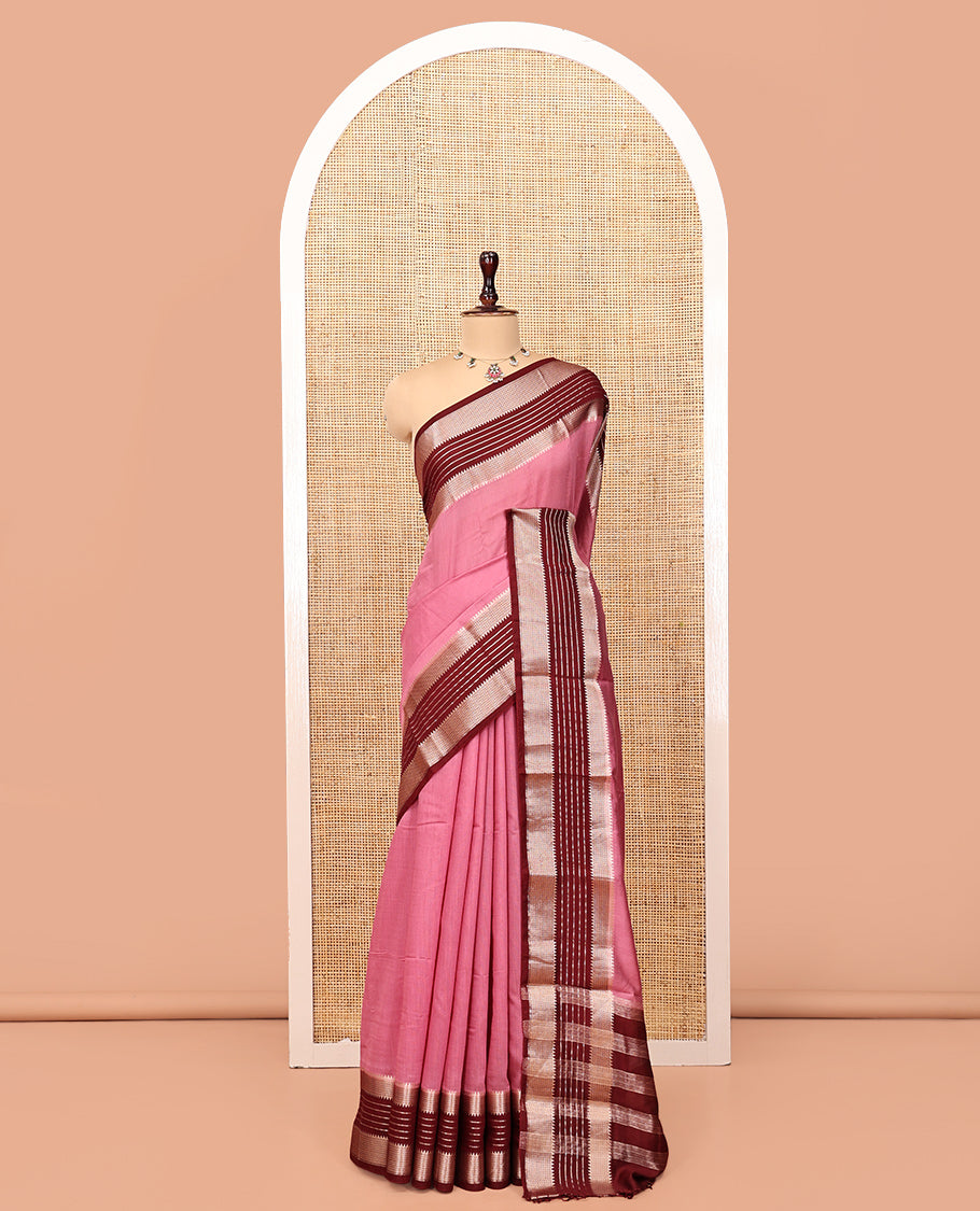 Pink Plain Assam Silk Saree, Complemented by Contrast Traditional Zari Border, Striped Pallu, and Contrast Blouse