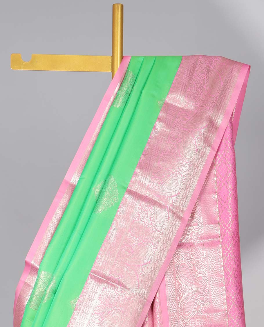 Green floral motifs gift saree with contrast paisley border & intricate zari design pallu