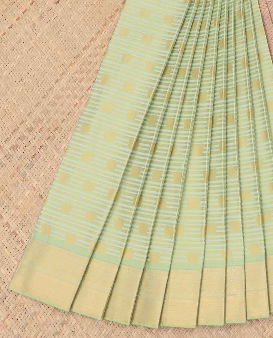 Green striped with floral motifs budget silk saree with contrast zari border & traditional zari design pallu