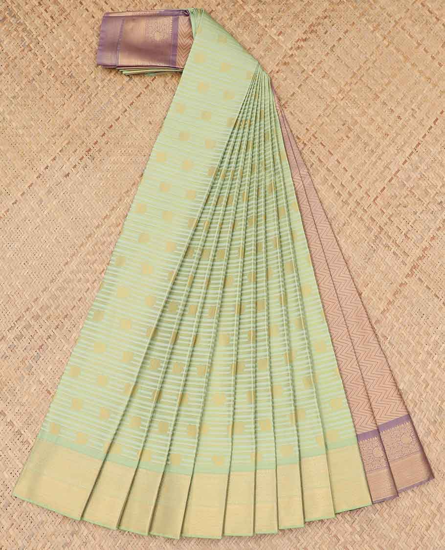 Green striped with floral motifs budget silk saree with contrast zari border & traditional zari design pallu