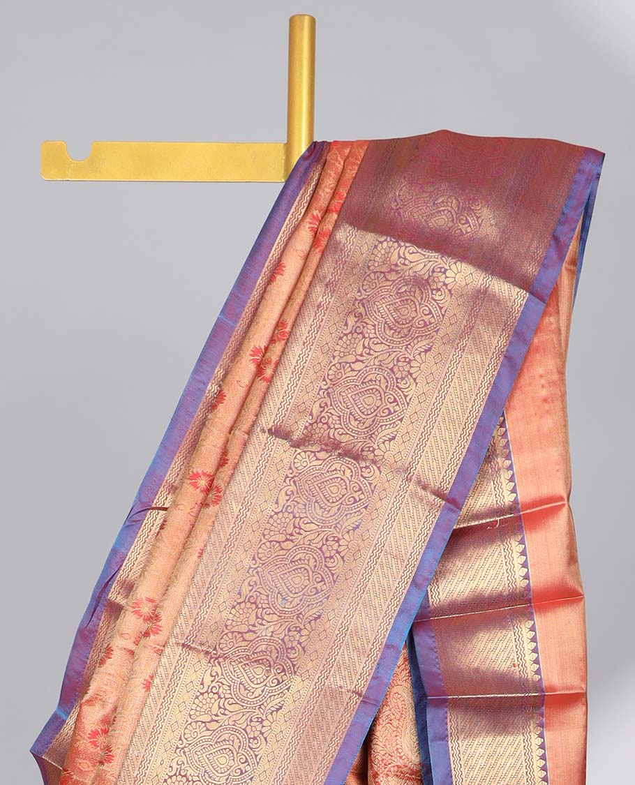 Orange floral buttas budget silk saree with contrast floral zari border & floral, paisley zari design pallu
