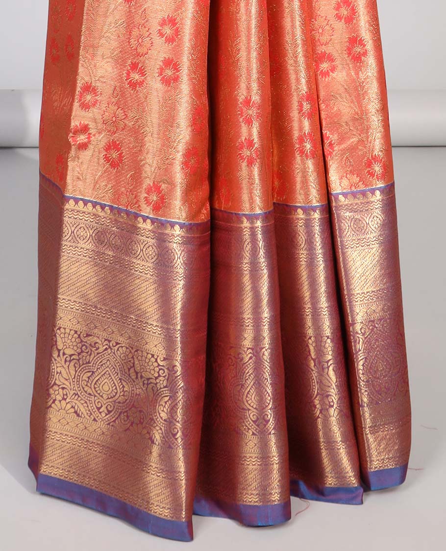 Orange floral buttas budget silk saree with contrast floral zari border & floral, paisley zari design pallu