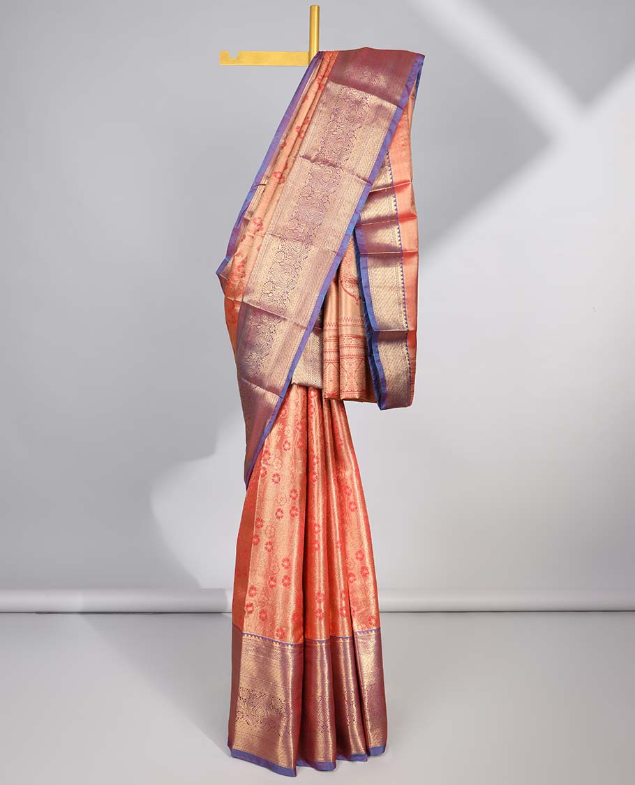 Orange floral buttas budget silk saree with contrast floral zari border & floral, paisley zari design pallu