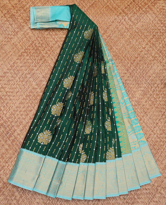 Green Budget Silk Saree, Richly Detailed with Zari Buttas All Over Its Body, Complemented by a Contrast Traditional Zari Design Border, Grand Paisley Design Pallu, and Paired with a Contrast Blouse