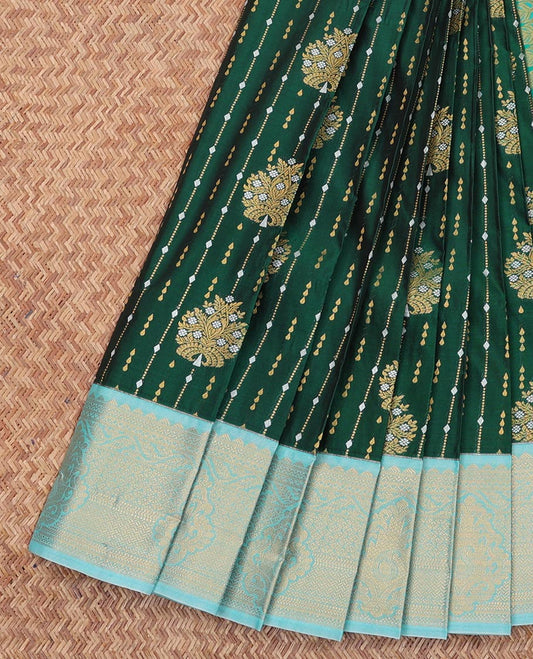 Green Budget Silk Saree, Richly Detailed with Zari Buttas All Over Its Body, Complemented by a Contrast Traditional Zari Design Border, Grand Paisley Design Pallu, and Paired with a Contrast Blouse