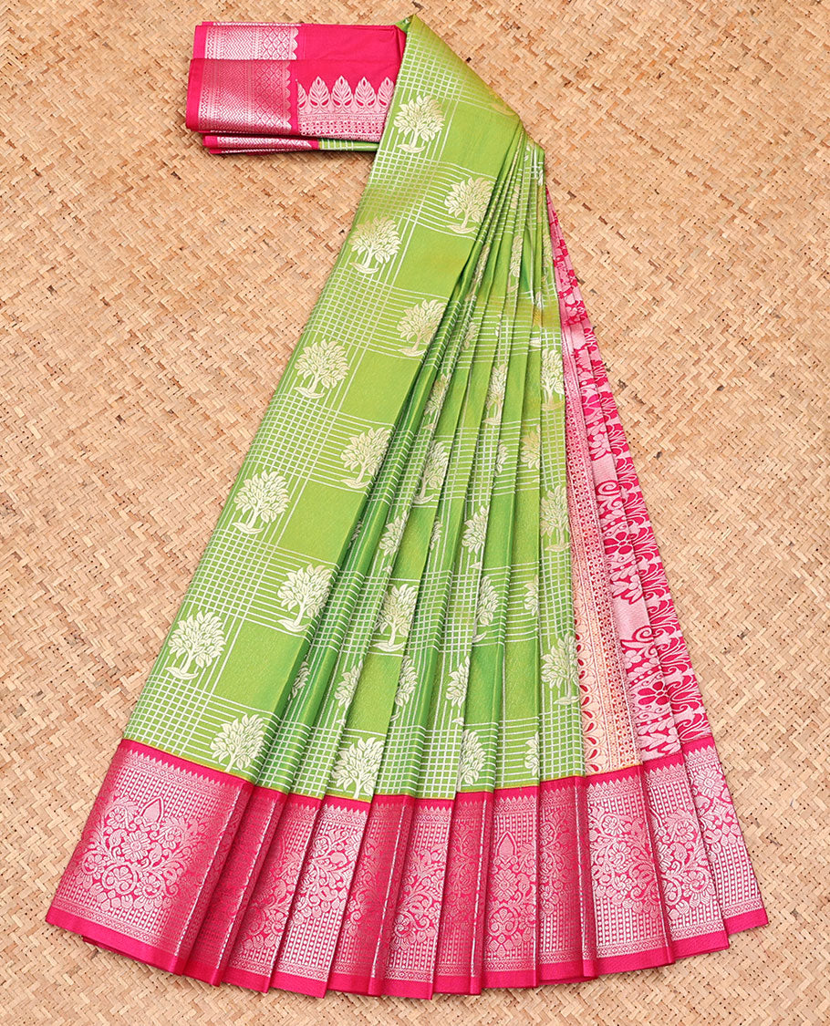 Green Budget Silk Saree, Elevated with Tree Butta Enclosed Checked Design All Over Its Body, Complemented by a Contrast Traditional Zari Design Border, Pallu of Paisleys, and Paired with a Contrast Blouse