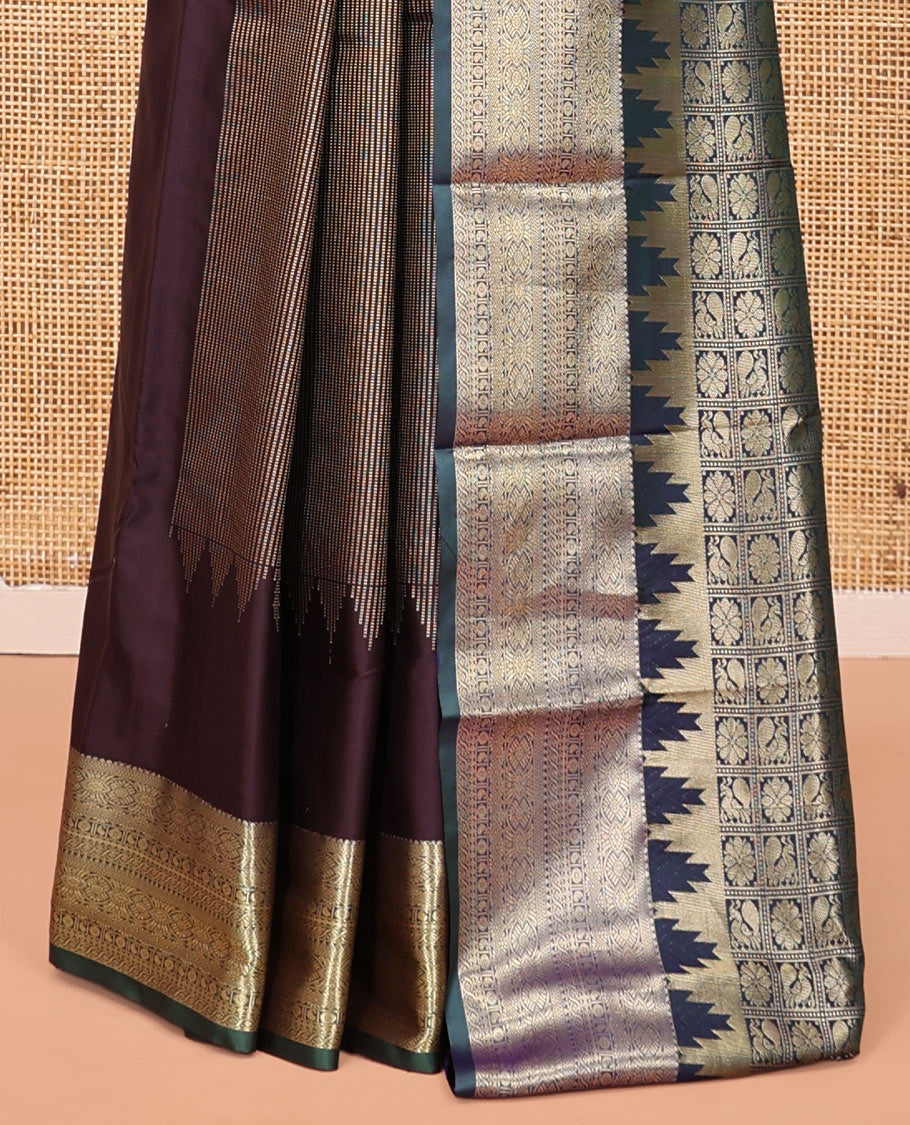 Brown Budget Silk Saree, Adorned with Zari Designs, Complemented by Contrast Traditional Zari Border, Pallu of Butta Enclosed Checks, and a Contrast Blouse