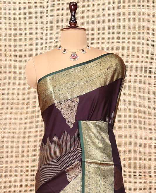Brown Budget Silk Saree, Adorned with Zari Designs, Complemented by Contrast Traditional Zari Border, Pallu of Butta Enclosed Checks, and a Contrast Blouse