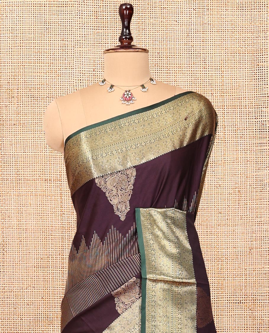 Brown Budget Silk Saree, Adorned with Zari Designs, Complemented by Contrast Traditional Zari Border, Pallu of Butta Enclosed Checks, and a Contrast Blouse