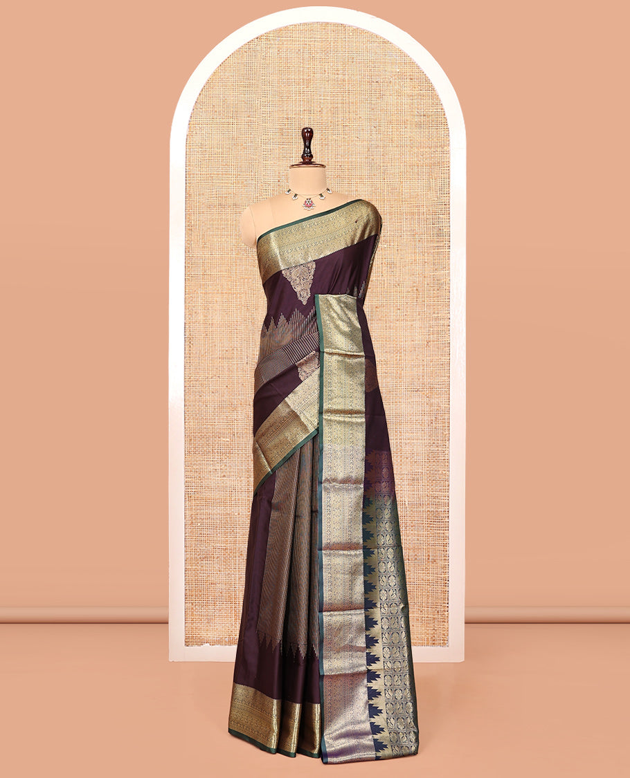 Brown Budget Silk Saree, Adorned with Zari Designs, Complemented by Contrast Traditional Zari Border, Pallu of Butta Enclosed Checks, and a Contrast Blouse