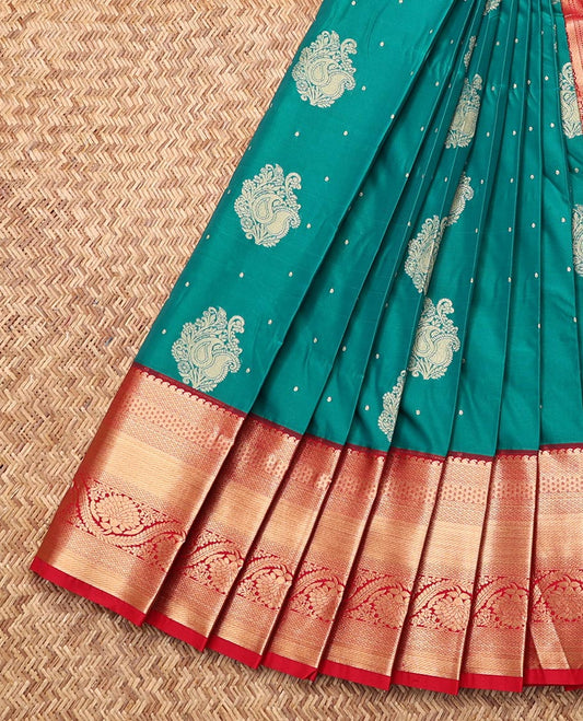 Green Budget Silk Saree, Detailed with Zari Buttas, Complemented by a Contrast Traditional Zari Border, Grand Pallu, and a Contrast Blouse