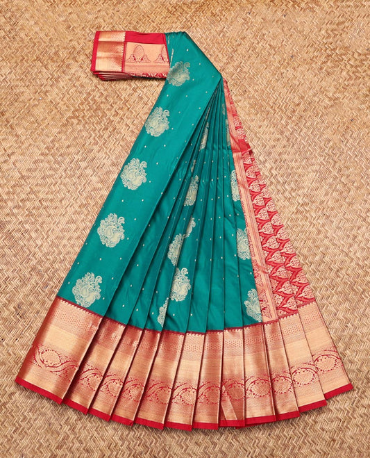 Green Budget Silk Saree, Detailed with Zari Buttas, Complemented by a Contrast Traditional Zari Border, Grand Pallu, and a Contrast Blouse