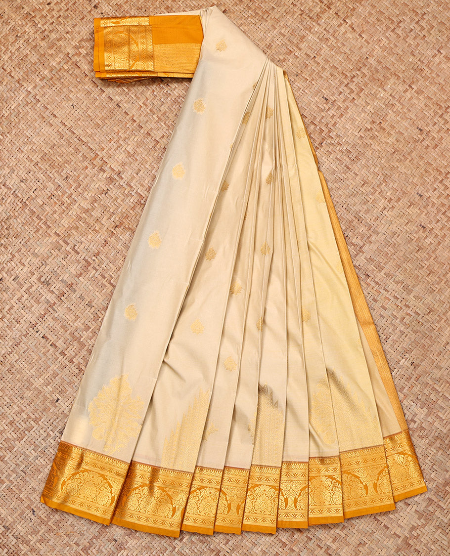 Sandal Budget Silk Saree, Sparsely Sparkled with Zari Buttas, a Contrast Traditional Zari Checked Border, Grand Pallu, and a Contrast Blouse