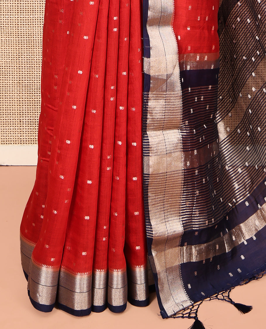 Red Assam Silk Saree, Steeped with Zari Buttas, Complemented by a Contrast Traditional Zari Border, Zari Striped Pallu, and a Contrast Blouse