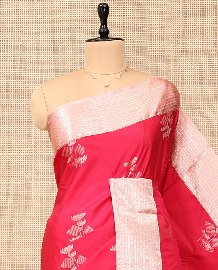 Red Budget Silk Saree, Crafted with Zari Buttas, Complemented by a Contrast Traditional Zari Border, Grand Jaal Pallu, and Contrast Blouse