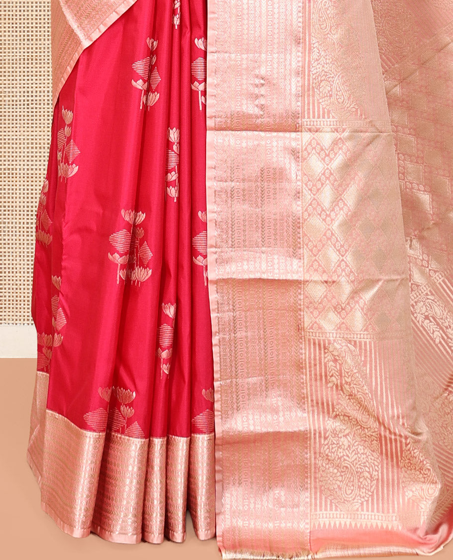 Red Budget Silk Saree, Crafted with Zari Buttas, Complemented by a Contrast Traditional Zari Border, Grand Jaal Pallu, and Contrast Blouse