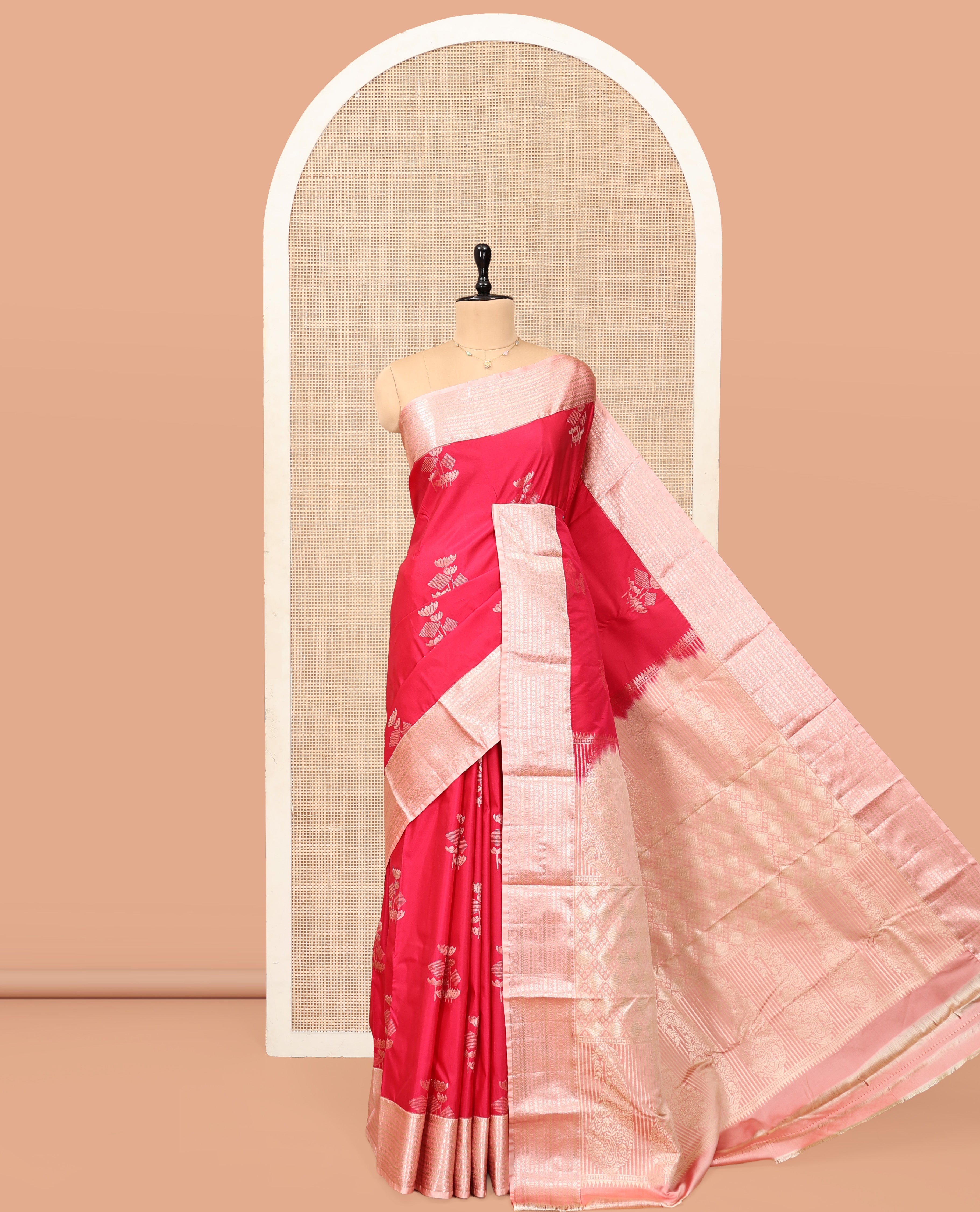 Red Budget Silk Saree, Crafted with Zari Buttas, Complemented by a Contrast Traditional Zari Border, Grand Jaal Pallu, and Contrast Blouse