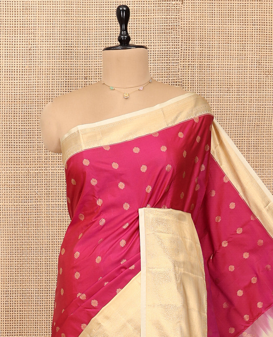 Red Budget Silk Saree, Accentuated with Zari Buttas, Complemented by a Contrast Traditional Zari Border, Grand Pallu, and Contrast Blouse