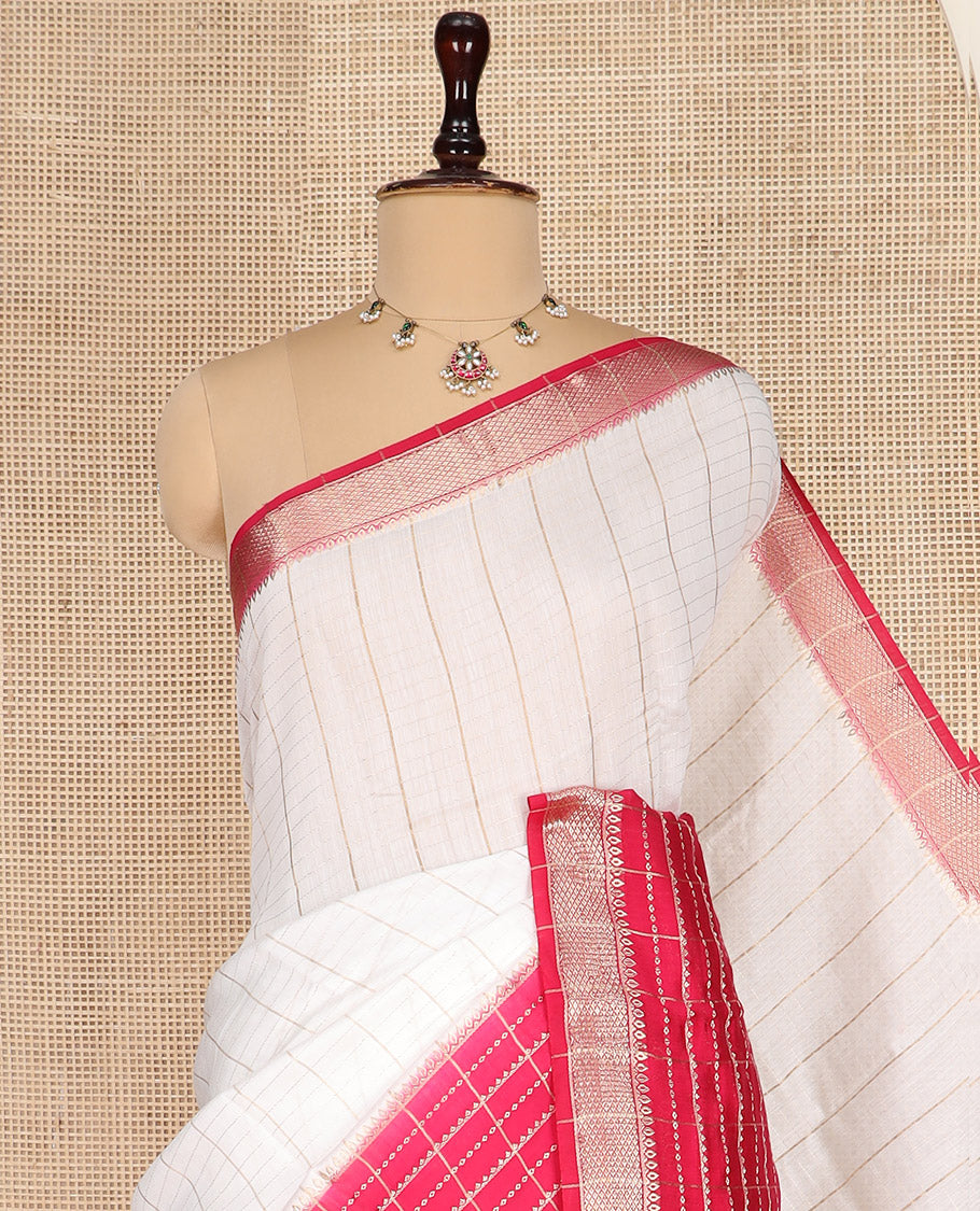 White Assam Silk Saree Richly Detailed with Zari Checks on Its Body, Complemented by a Contrast Border of Traditional Zari Designs, a Gleaming Pallu of Zari Stripes, and Paired with a Contrast Blouse